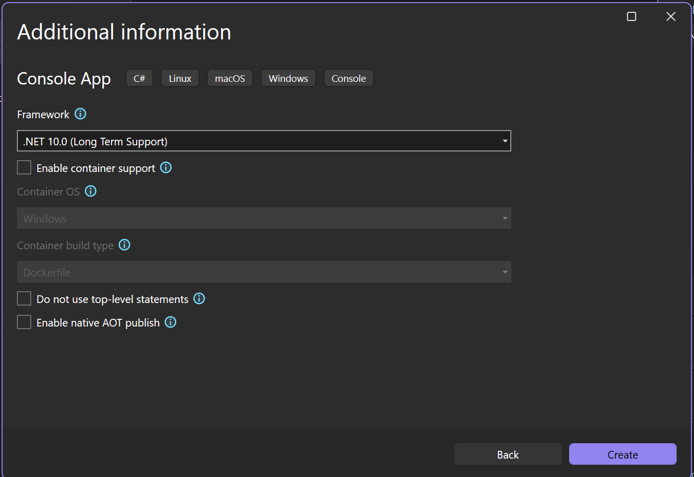 Screenshot della finestra Informazioni aggiuntive in Visual Studio che mostra .NET 10.0 selezionato come framework di destinazione per il nuovo progetto.