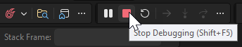 Screenshot mostra la barra degli strumenti Debug in cui è possibile arrestare l'app.