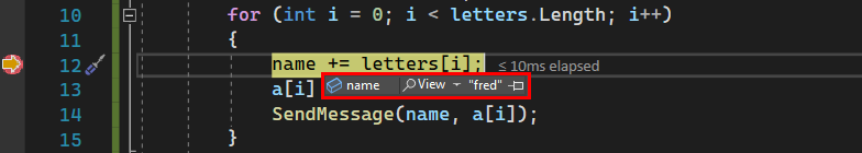 Screenshot di un suggerimento per i dati del debugger in Visual Studio 2022 che visualizza il valore della stringa per la variabile 'name'.