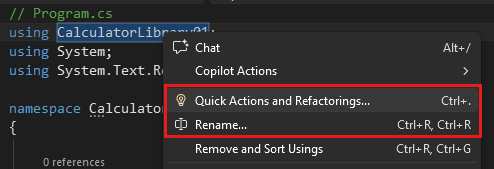 Screenshot che mostra il Refactoring in Visual Studio.