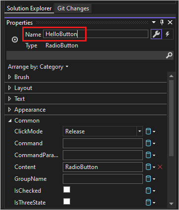 Screenshot che mostra la finestra Proprietà di Esplora soluzioni in Visual Studio 2022 per il RadioButton 'HelloButton'.