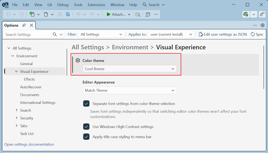 Screenshot che mostra come cambiare il tema colore in Cool Breeze in Visual Studio.