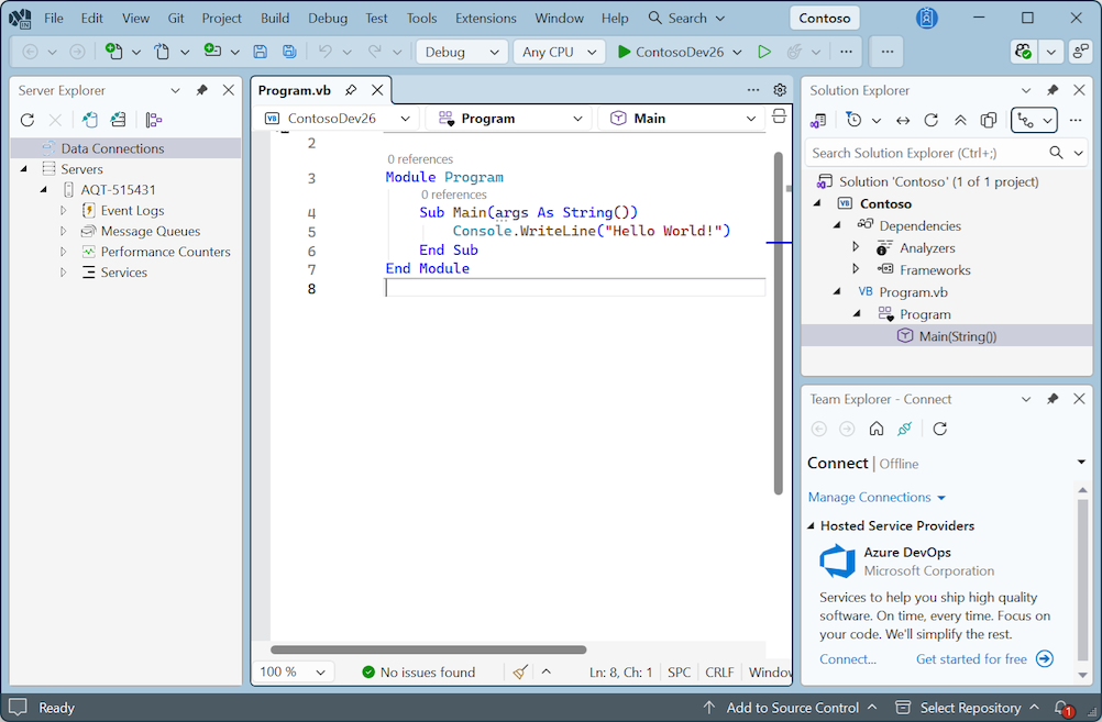Screenshot che mostra Visual Studio con il tema Cool Breeze.