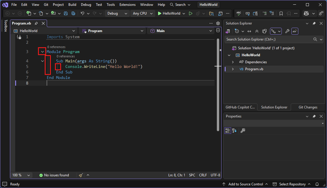Screenshot che mostra il IDE di Visual Studio con caselle rosse.