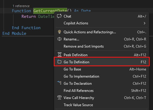 Screenshot che mostra Vai alla definizione in Visual Studio.