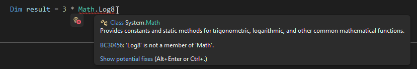 Screenshot di una sottolineatura ondulata in Visual Studio.