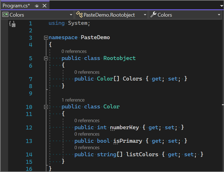 Screenshot del testo di esempio JSON convertito in classi usando la funzionalità Incolla speciale in Visual Studio.