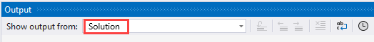 Screenshot che mostra la finestra Output. L'elenco a discesa Mostra output da è impostato su Soluzione.