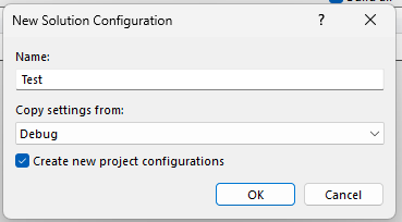 Screenshot che mostra la creazione di una configurazione di test nella finestra di dialogo Nuova configurazione soluzione.