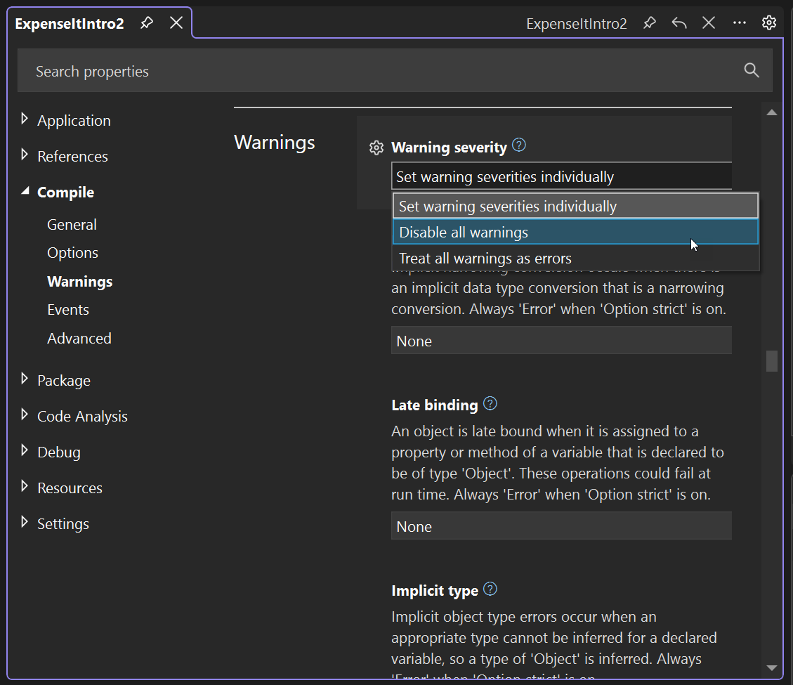 Screenshot della disattivazione degli avvisi nella scheda Compila del Designer di progetto.