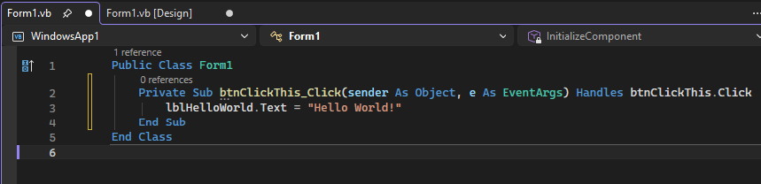 Screenshot mostra una classe nella scheda Form1.vs in cui è possibile aggiungere codice Visual Basic.