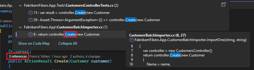 Screenshot che illustra come visualizzare il file con il riferimento usando CodeLens - Informazioni di riferimento per Visual Studio.