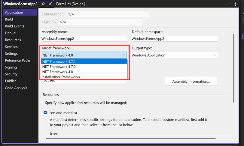 Screenshot della finestra di dialogo Proprietà progetto con le opzioni di .NET Framework evidenziate.