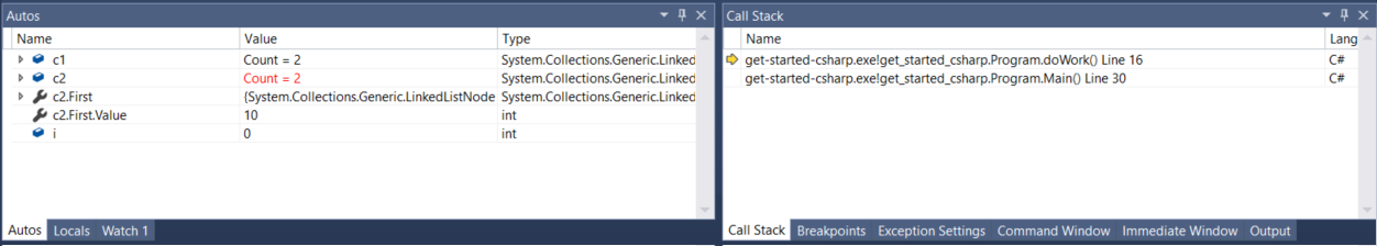 Schermata delle finestre Auto e Call Stack di Visual Studio.