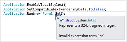 Screenshot dell'azione al passaggio del mouse sull'errore in Visual Studio.
