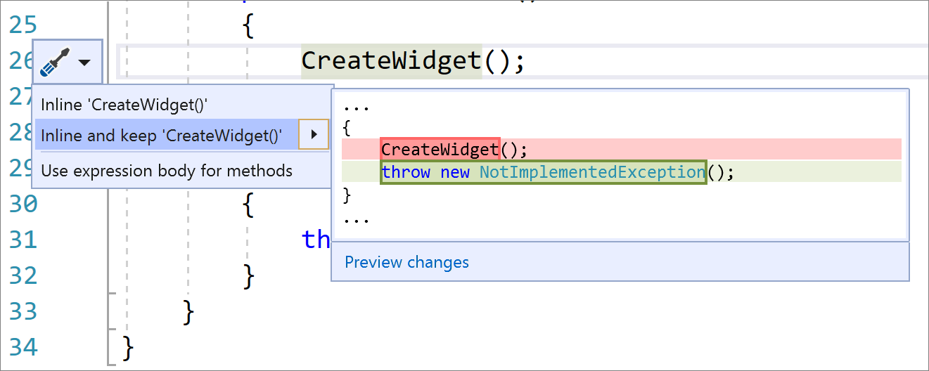 Screenshot del menu Azioni rapide e refactoring in Visual Studio con Convert 'Inline and keep 'CreateWidget()' selected and C# code changes shown.