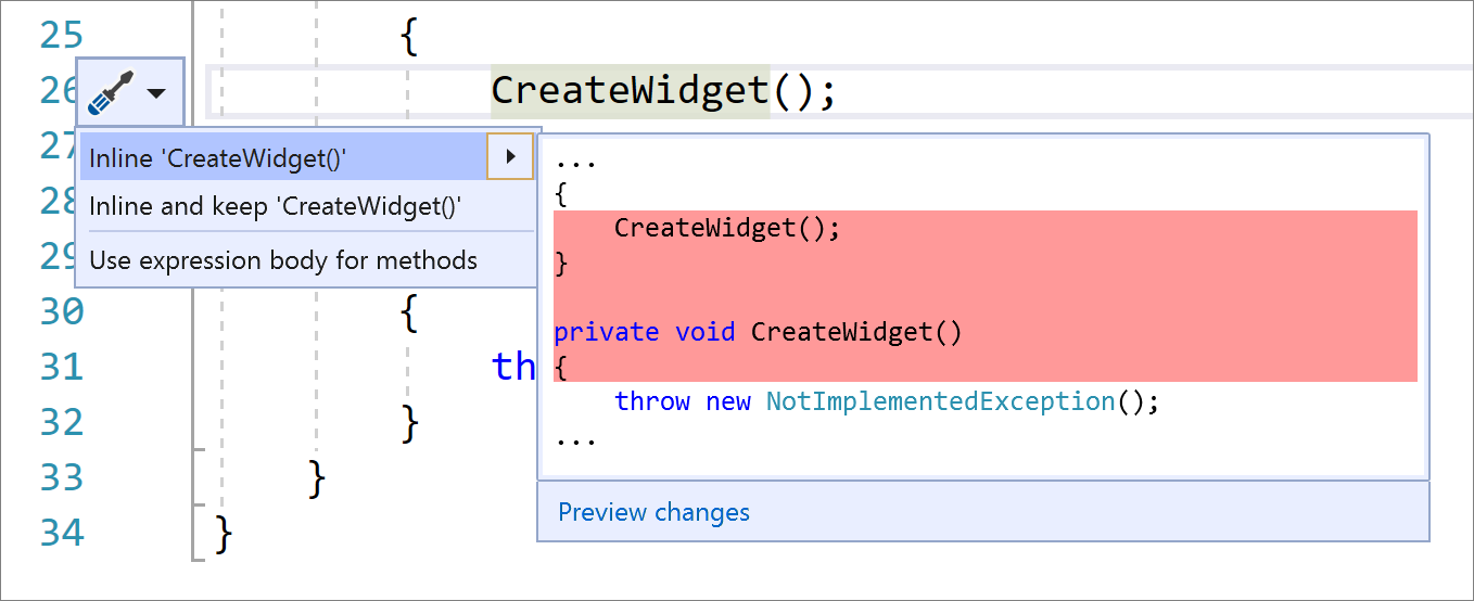 Screenshot del menu Azioni rapide e refactoring in Visual Studio con converti 'Inline 'CreateWidget()' selezionato e modifiche al codice C# visualizzate.