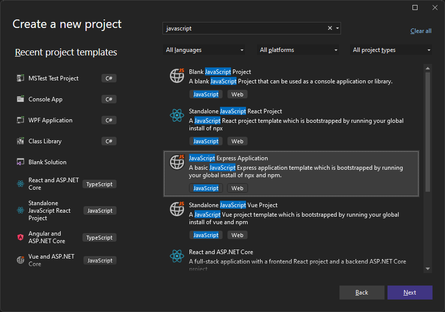 Screenshot della ricerca di modelli di progetto nella finestra iniziale di Visual Studio.