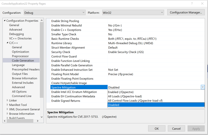 Screenshot che mostra come disabilitare le mitigazioni Spectre in Visual Studio.