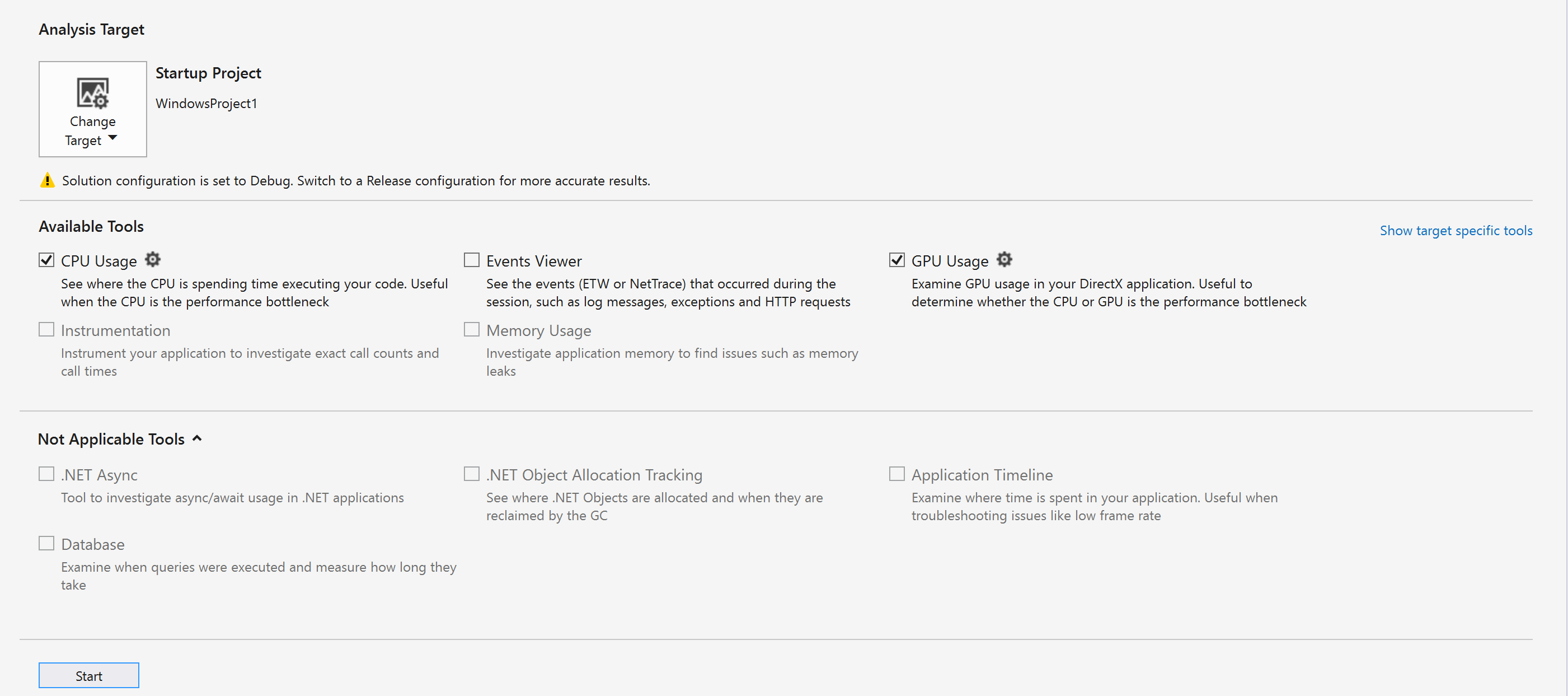 Screenshot del Profiler delle Prestazioni con Utilizzo GPU selezionato