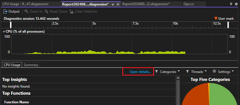 Screenshot dell'apertura dei dettagli nello strumento Uso della CPU.