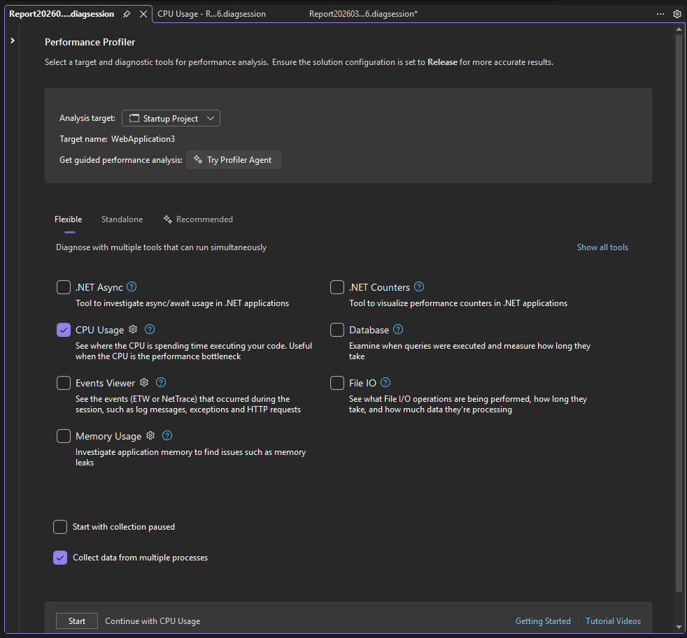 Screenshot che mostra la selezione dei dati relativi a più processi.