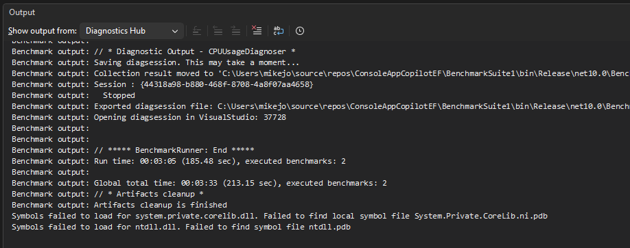 Screenshot dell'output del benchmark.
