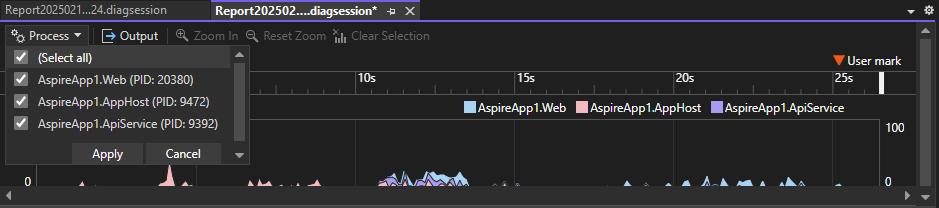 Screenshot che mostra il filtro multiprocesso.