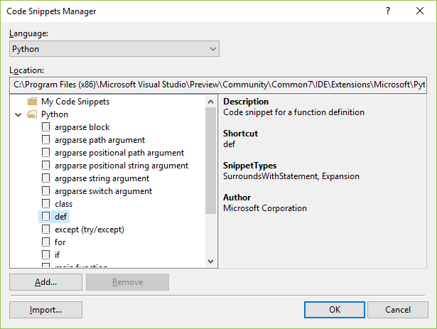 Screenshot che mostra la Gestione frammenti di codice in Visual Studio.