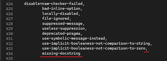 Screenshot che mostra come aggiungere un messaggio di avviso specifico all'impostazione di disabilitazione nel file pylintrc in Visual Studio.