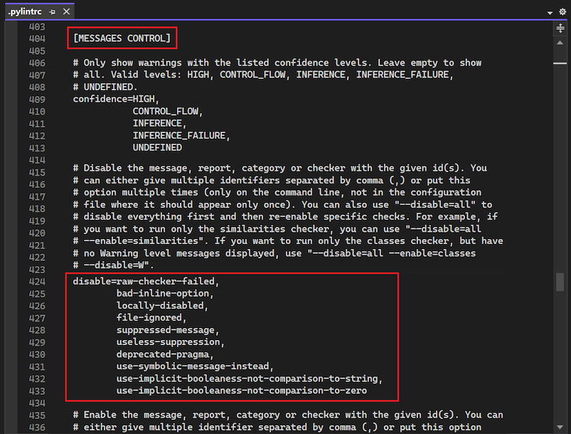 Screenshot che mostra l'impostazione di disabilitazione nella sezione MESSAGES CONTROL del file pylintrc in Visual Studio.