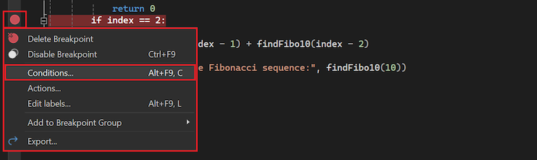 Screenshot che mostra come selezionare l'opzione per configurare condizioni per un punto di interruzione in Visual Studio.