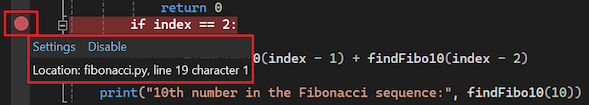Screenshot che mostra come disabilitare un punto di interruzione nel margine sinistro del file di codice in Visual Studio.