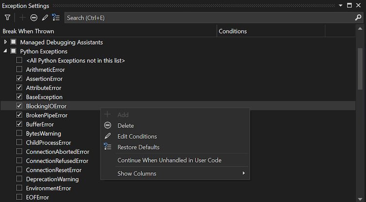Screenshot che mostra la finestra Exceptions Settings (Impostazioni eccezioni) nel debugger di Visual Studio.