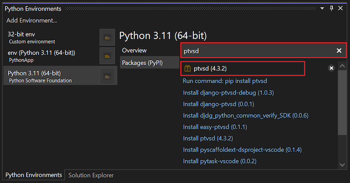 Screenshot che mostra come controllare la versione ptvsd nella finestra Ambienti Python.