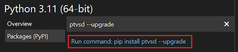 Screenshot che mostra come selezionare il comando ptvsd upgrade nella finestra Ambienti Python.