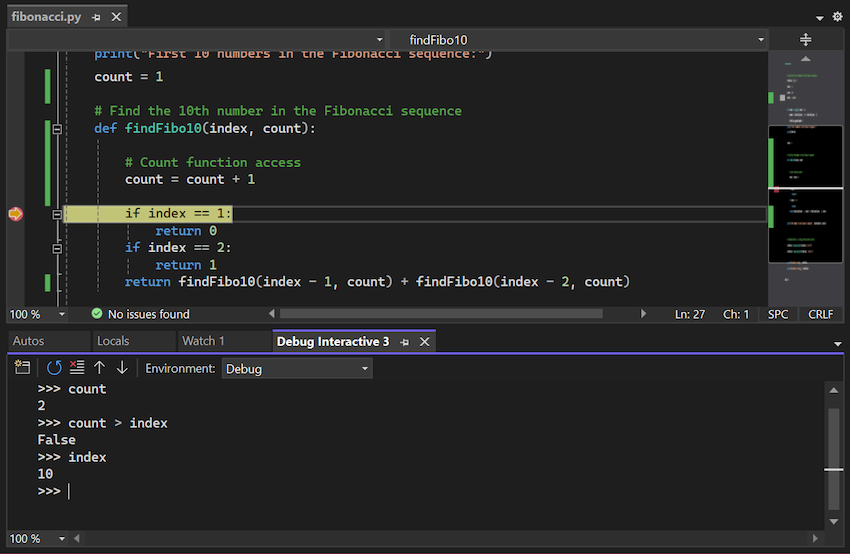 Screenshot che mostra come usare la finestra Python Debug Interactive in Visual Studio.