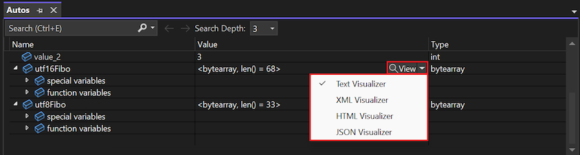 Screenshot che mostra come accedere ai visualizzatori dalla lente di ingrandimento Visualizza nel debugger di Visual Studio.