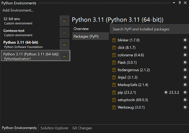 Screenshot that shows the current packages for the selected environment in the Python Environments window.
