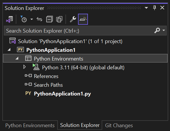 Screenshot that shows the global default Python environment for a project in Solution Explorer in Visual Studio.