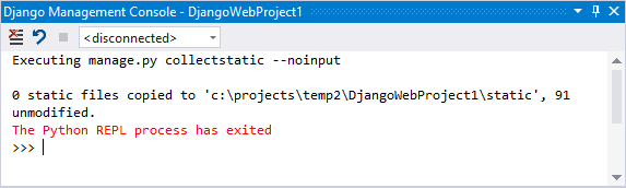 Screenshot che mostra il risultato del comando Collect Static in Visual Studio.