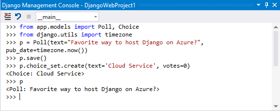 Screenshot che mostra i risultati del comando Open Django Shell in Visual Studio.