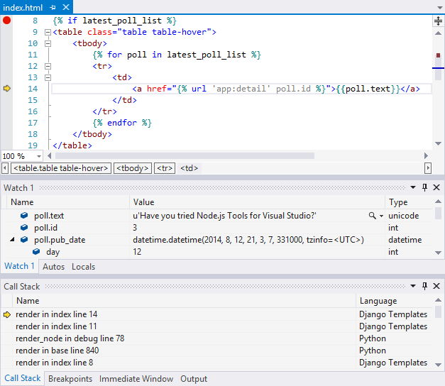 Screenshot che mostra i punti di interruzione debugger usati nello sviluppo Django in Visual Studio.
