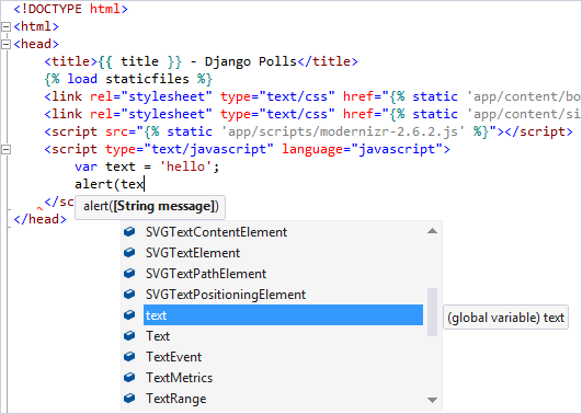 Screenshot che mostra il supporto di IntelliSense per JavaScript usato nello sviluppo Django in Visual Studio.