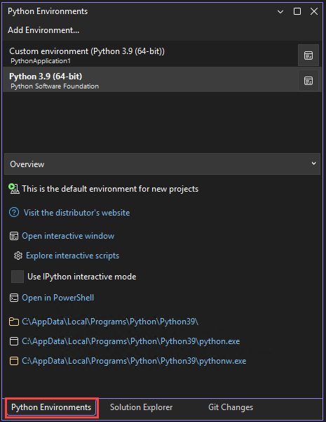 Screenshot che mostra la finestra Ambienti Python in Visual Studio.