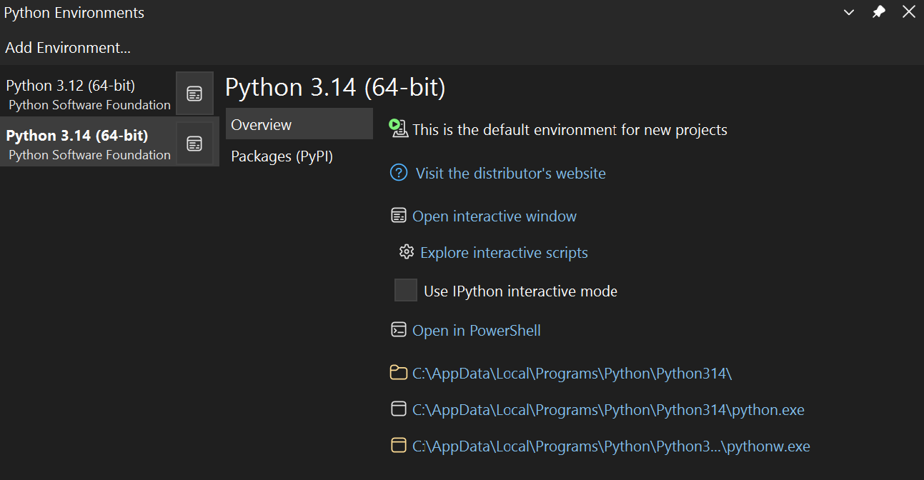 Screenshot della finestra espansa degli Ambienti Python.