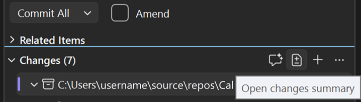 Pulsante di riepilogo delle modifiche evidenziato nella barra degli strumenti Modifiche Git