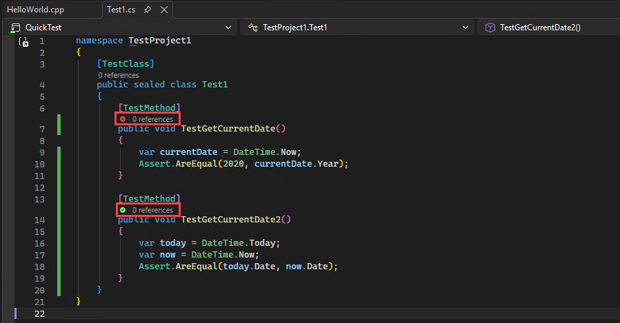 Screenshot che mostra le icone CodeLens C++ in Visual Studio.