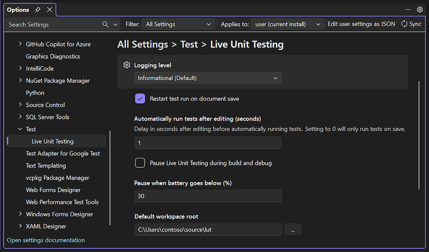 Screenshot che mostra le opzioni di configurazione di Live Unit Testing.