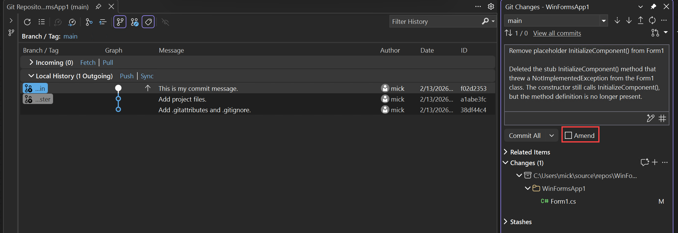 Screenshot delle modifiche apportate al codice usando la finestra Modifiche Git.